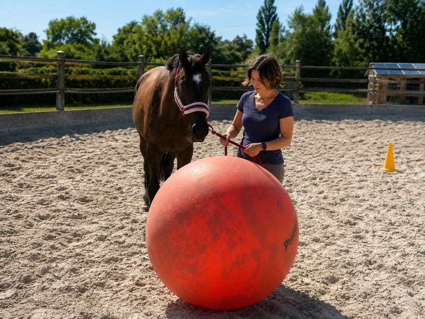 Führübung mit Pferd und rotem Ball auf dem Sandplatz