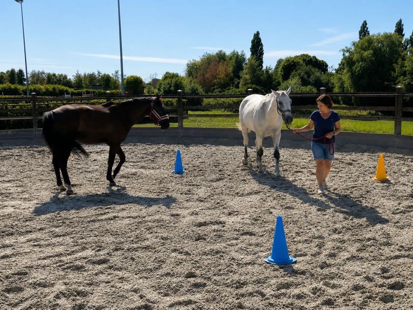 Führübung mit Pylonen, ein zweites Pferd folgt frei