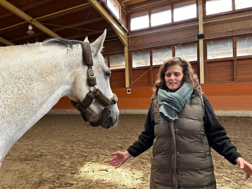 Frau im offenen Gegenüber mit einem Schimmel in der Reithalle